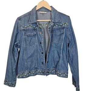 Karavan Denim Women's Floral Embroidered‎ Short Casual Blue Pocket Jacket Small